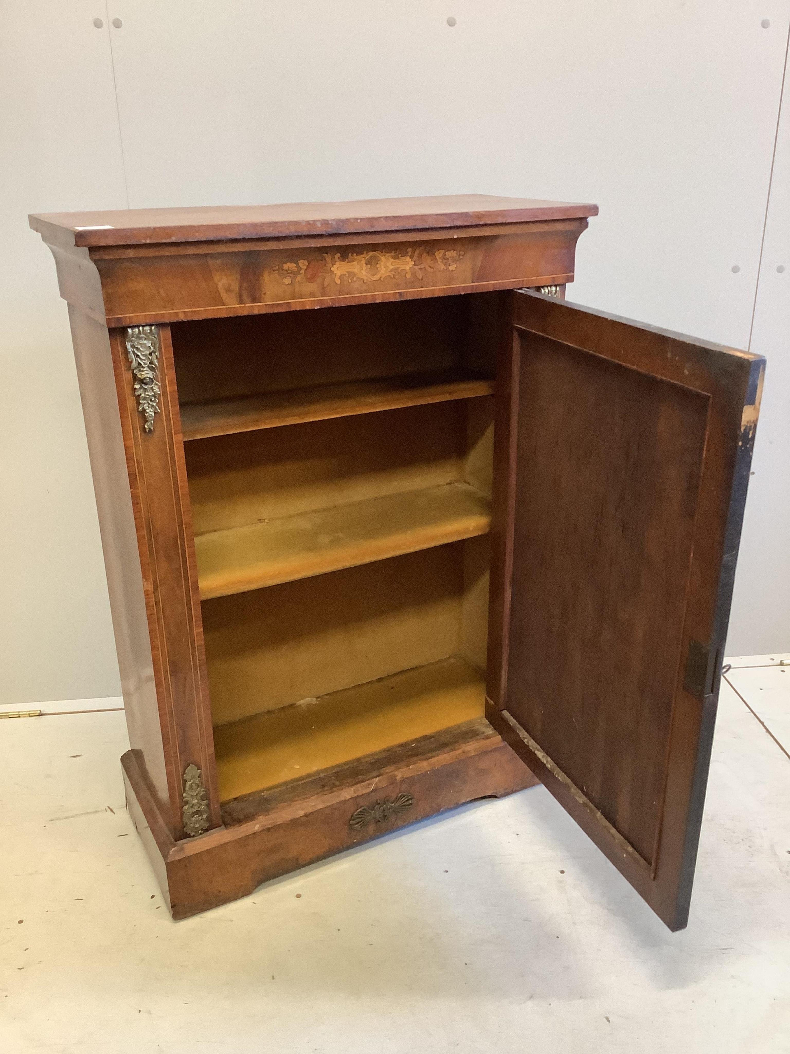 A Victorian marquetry inlaid gilt mounted walnut pier cabinet, width 76cm, depth 33cm, height 104cm. Condition - poor to fair